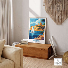 Valletta Wall Art featuring a serene coastal view with a sailboat and iconic Valletta architecture.