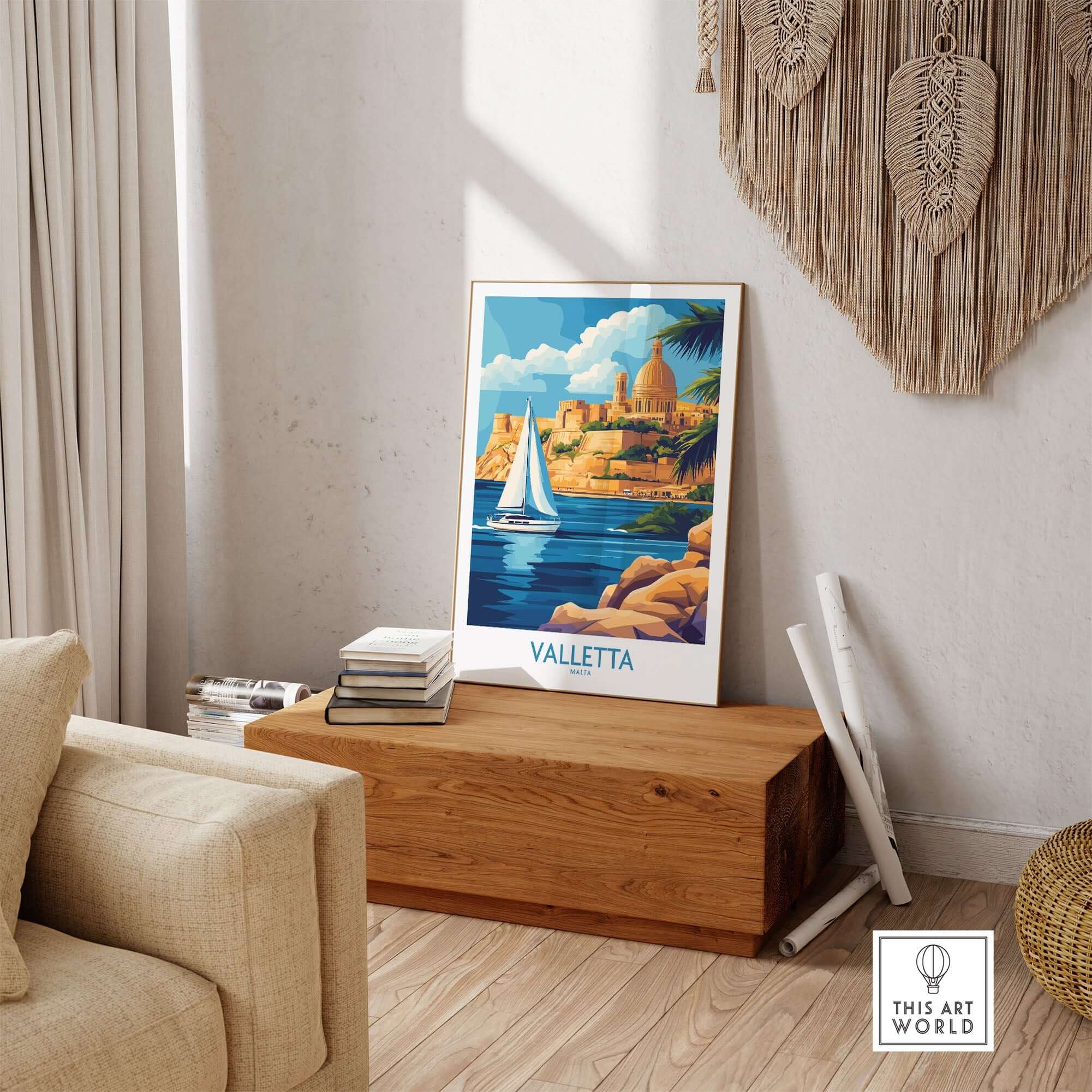 Valletta Wall Art featuring a serene coastal view with a sailboat and iconic Valletta architecture.