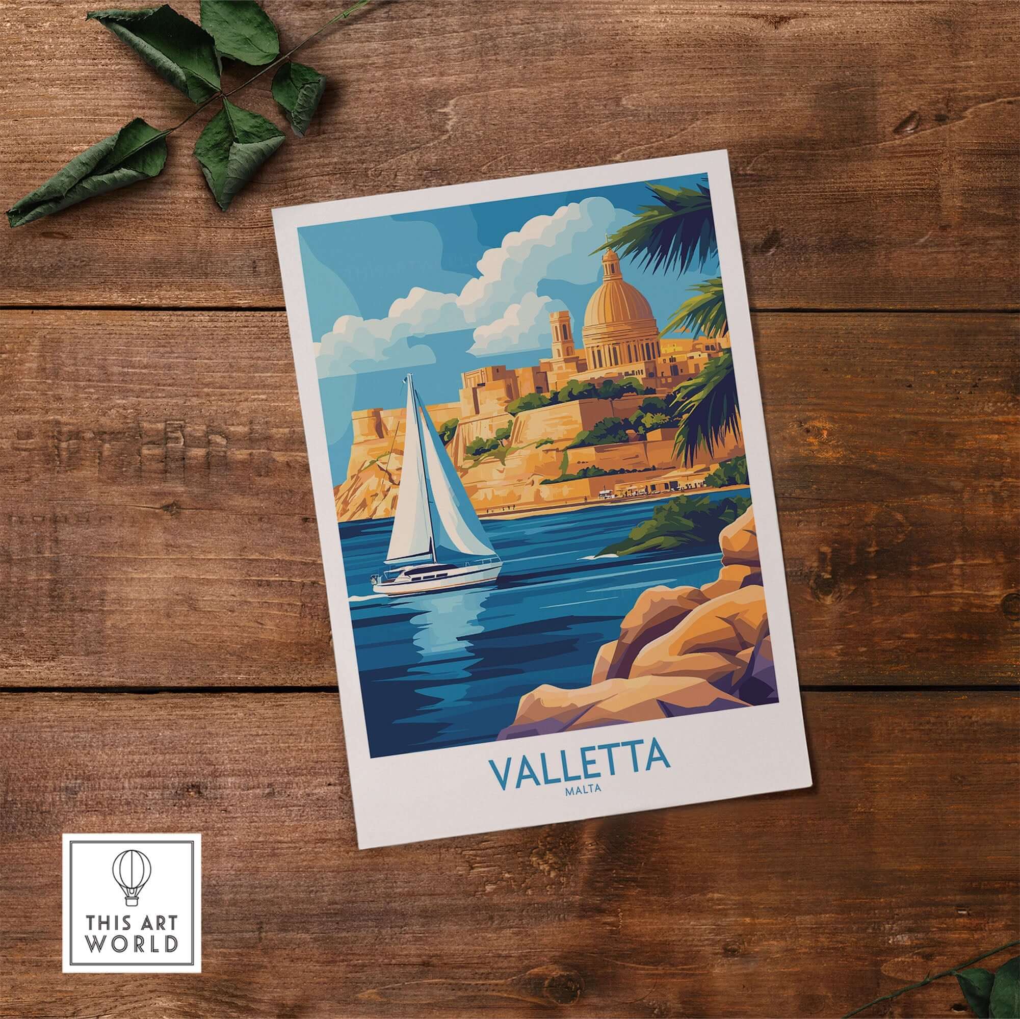 Valletta Wall Art poster featuring a sailboat on the water with a view of Valletta, Malta's landmarks in the background.