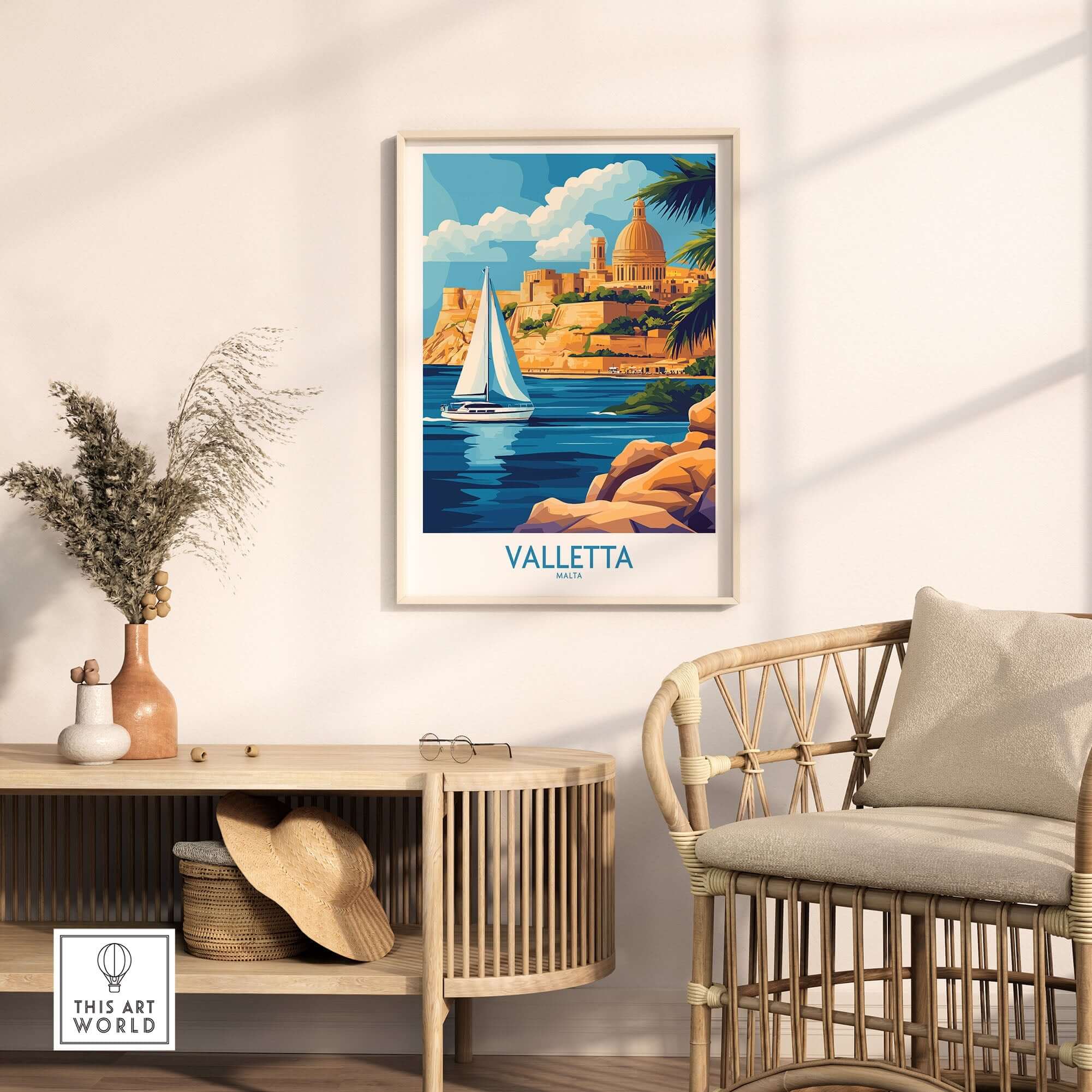 Valletta Wall Art showcasing a scenic view of Valletta, Malta with a sailboat on the water, perfect for home decor.