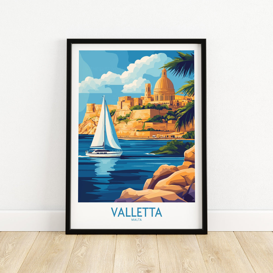 Valletta Wall Art poster featuring a scenic view of Valletta, Malta with a sailboat on the sea, perfect for home or office decor.