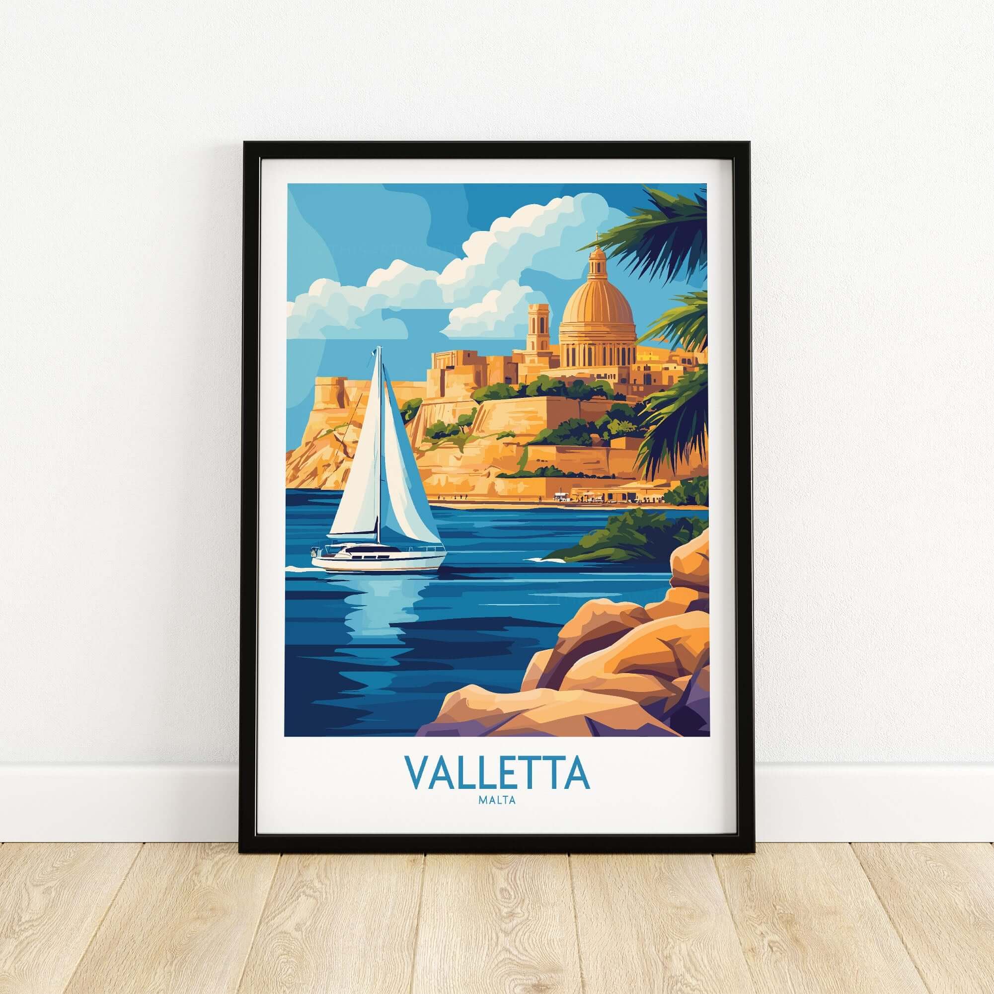 Valletta Wall Art showcasing a sailboat and the iconic skyline of Valletta, Malta in vibrant colors.