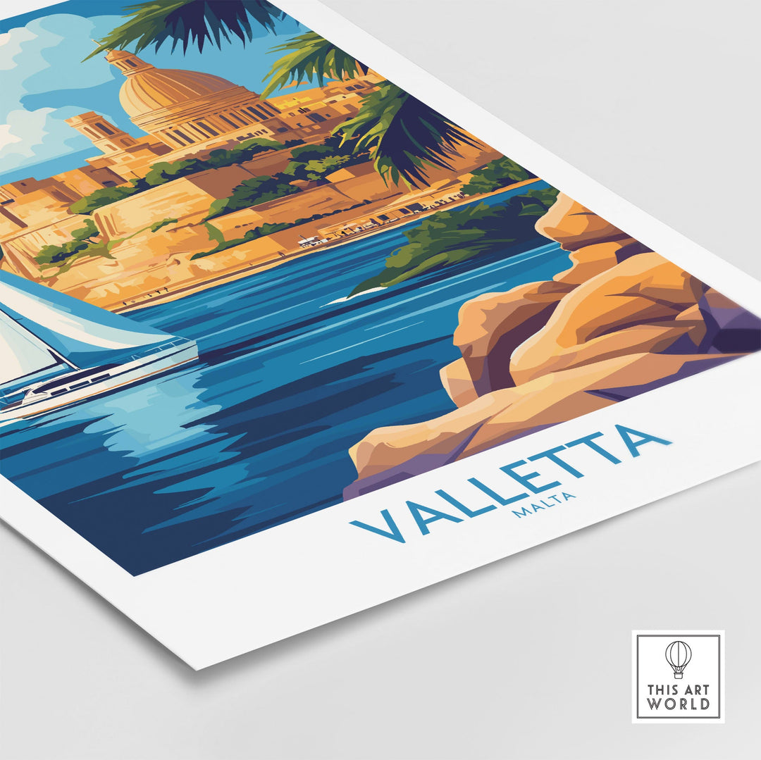 Valletta wall art poster showcasing Malta's coastal beauty with historic buildings and a sailboat, perfect for home or office decor.