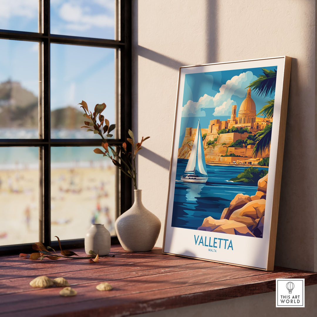 Valletta Wall Art in sunny room with Malta sea view, showcasing vibrant colors and coastal scenery. Perfect travel poster decor.