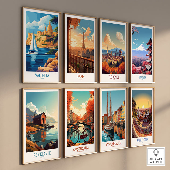 Collection of travel posters featuring Valletta, Paris, Florence, Tokyo, Reykjavik, Amsterdam, Copenhagen, and Barcelona wall art.