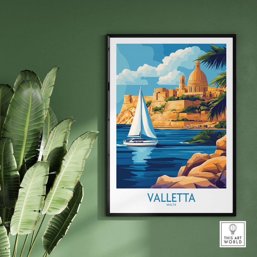 Valletta Wall Art poster of Malta's coastline with a sailboat, adding charm and culture to your home or office decor.