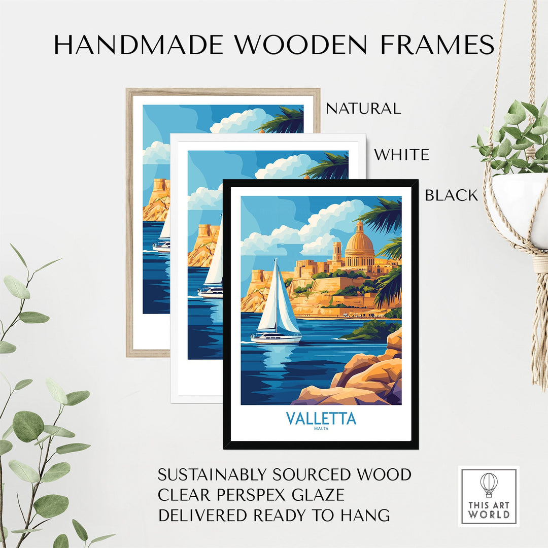 Valletta Wall Art with handmade wooden frames in natural, white, and black options, featuring sustainably sourced materials.