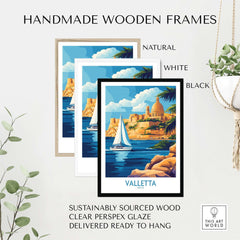Valletta Wall Art displayed in handmade wooden frames in natural, white, and black colors, showcasing Malta's beauty.