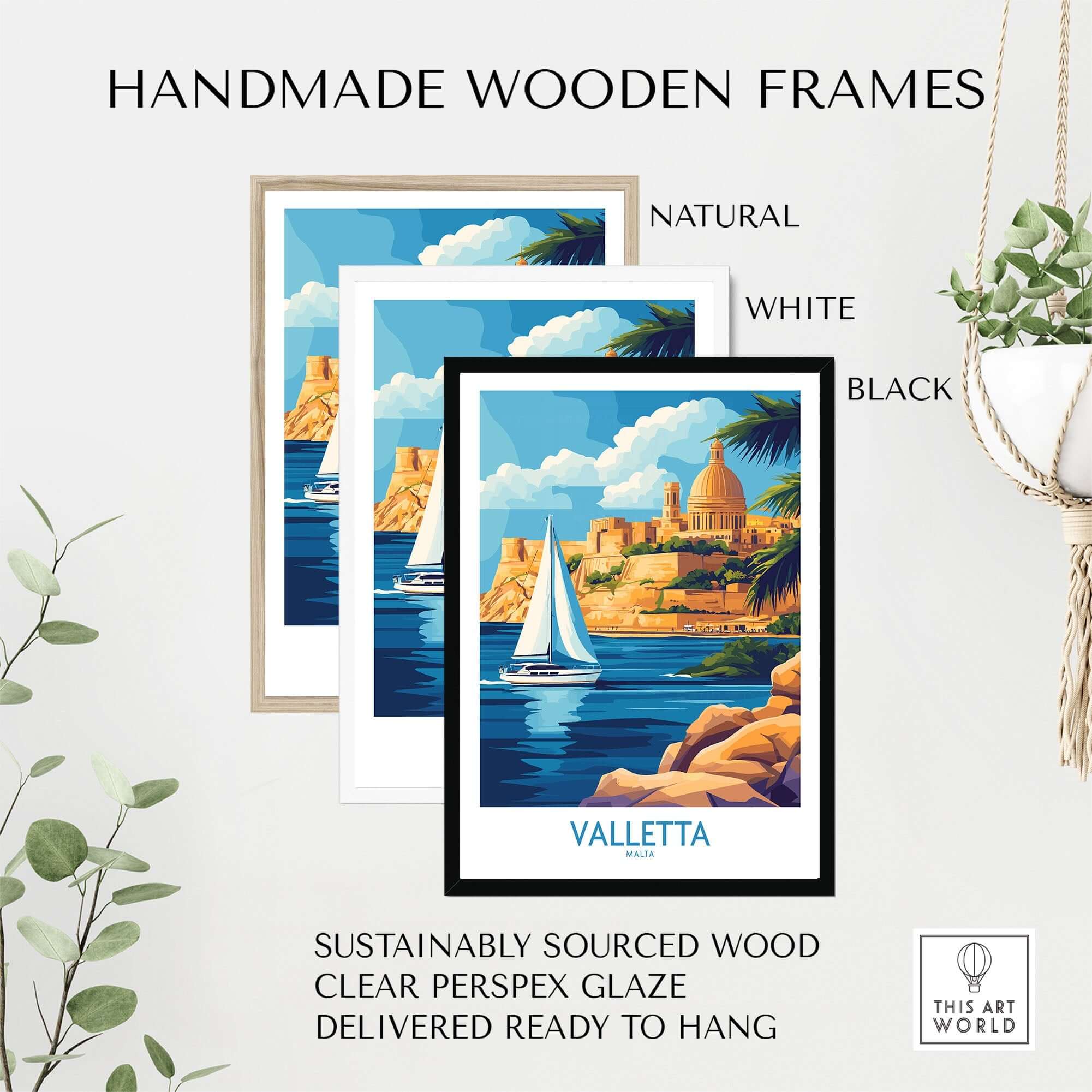 Valletta Wall Art displayed in handmade wooden frames in natural, white, and black colors, showcasing Malta's beauty.