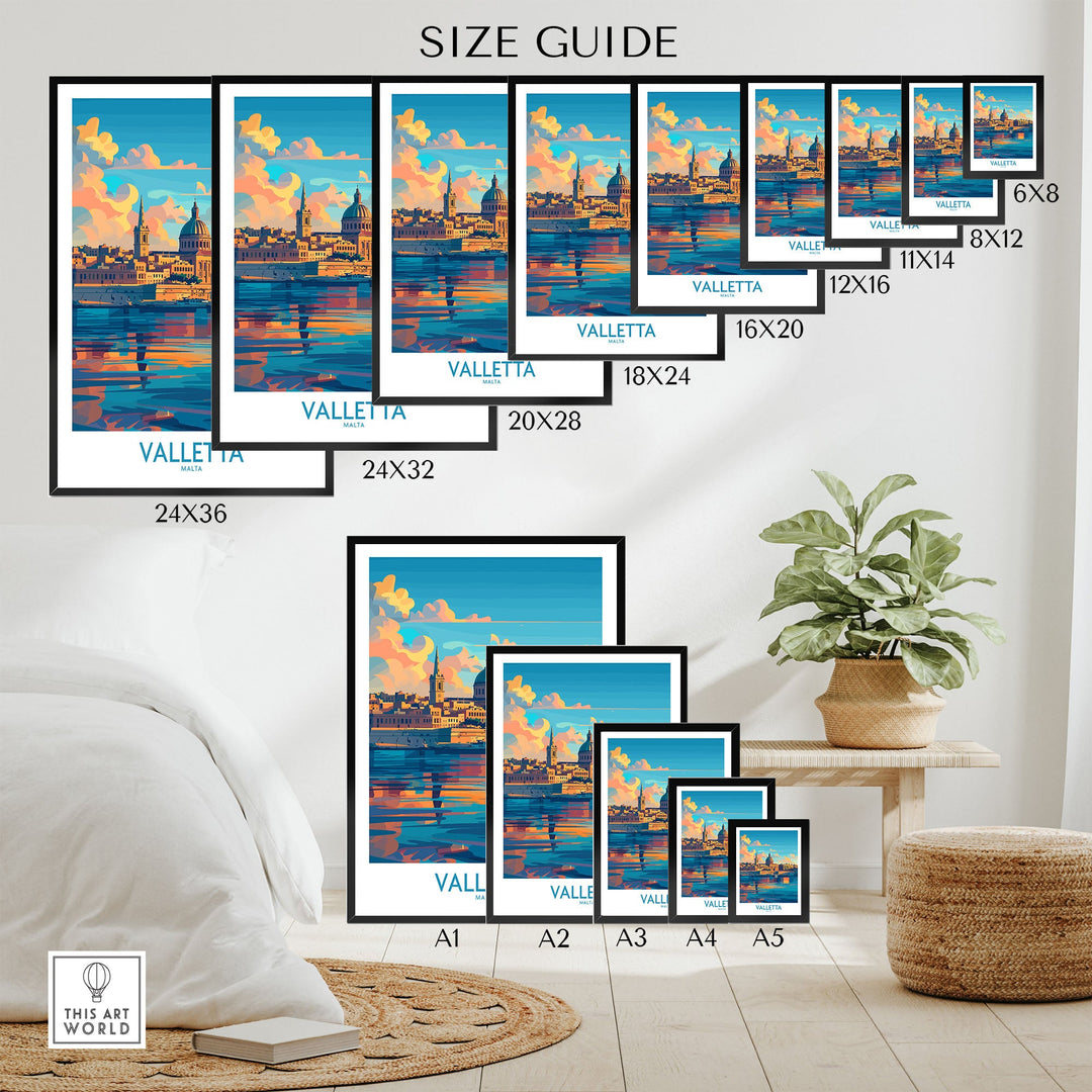 Valletta Wall Art Poster in various sizes displayed in a room setting, showcasing Malta's historic cityscape.