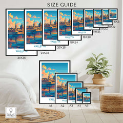 Valletta Wall Art Poster size guide featuring various frame sizes and design details.