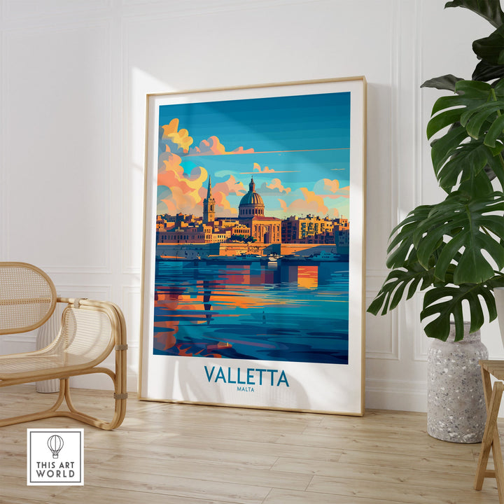 Valletta wall art poster featuring a romantic view of Malta's historic streets, perfect for travel enthusiasts and art lovers.