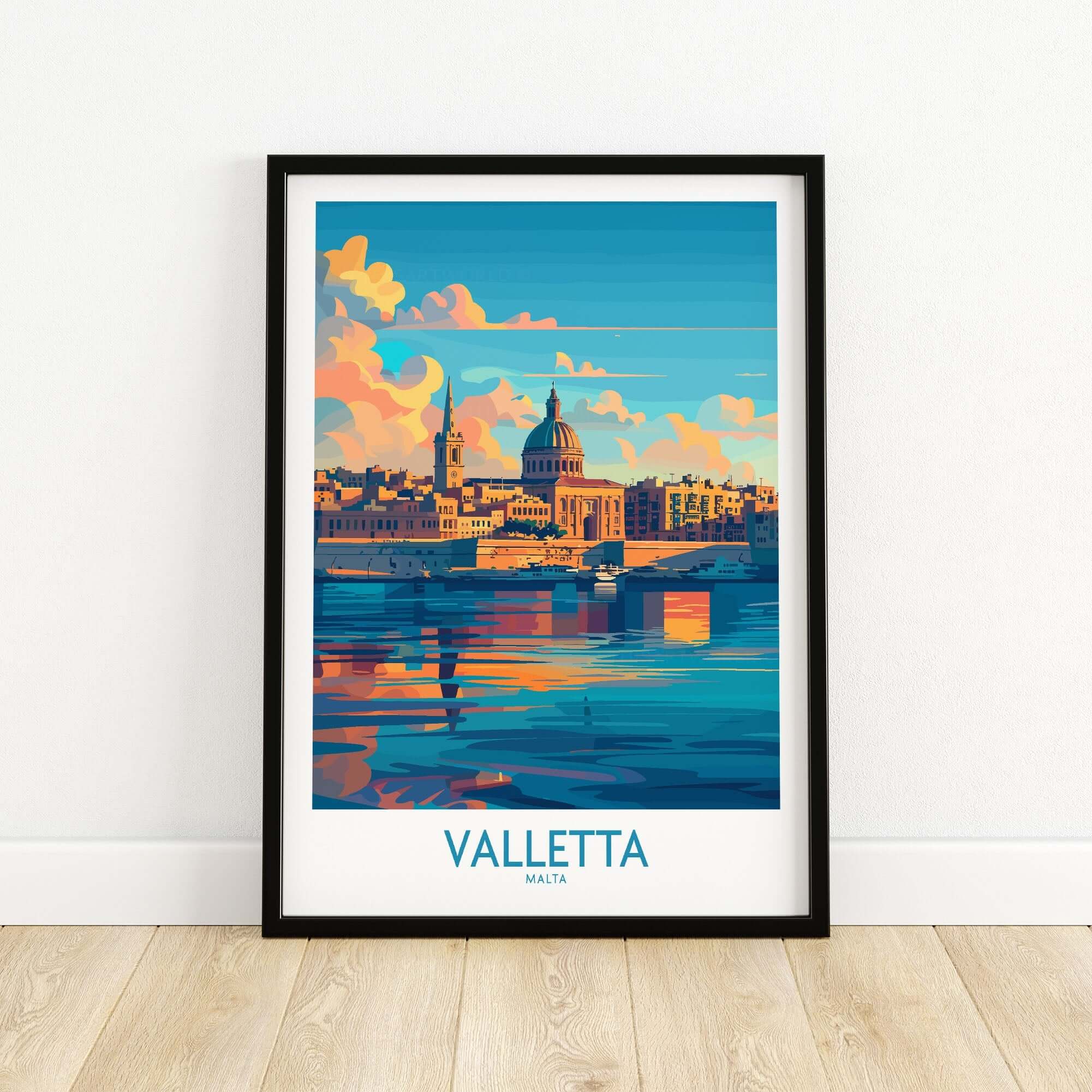 Valletta Wall Art Poster showcasing the historic streets of Valletta, Malta, with vibrant colors and a stunning waterfront view.