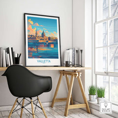 Valletta Wall Art Poster displayed in a modern office setting, featuring vibrant colors and a depiction of Valletta.