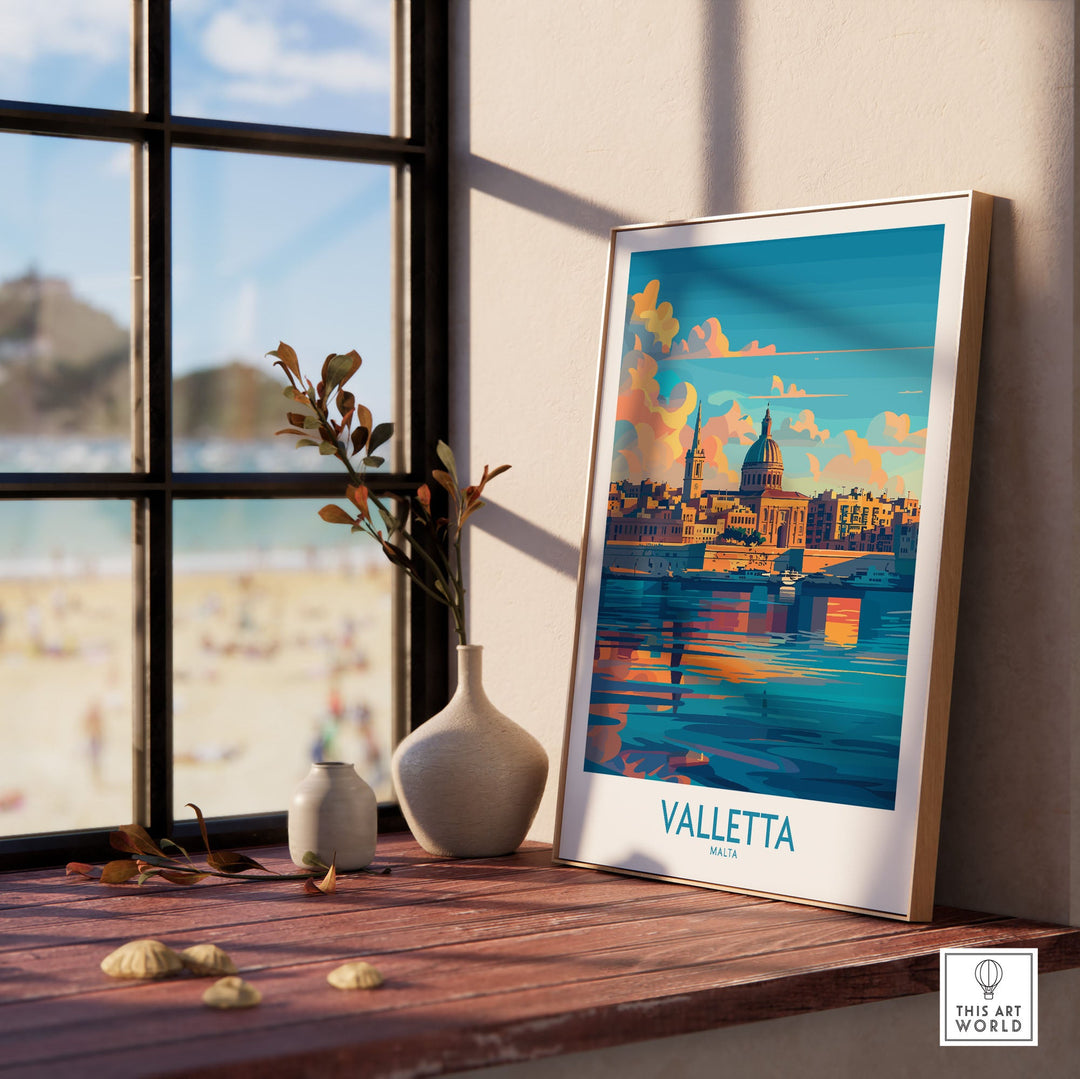 Valletta wall art poster on windowsill depicting historic Malta cityscape with vibrant colors, perfect for travel and art lovers.