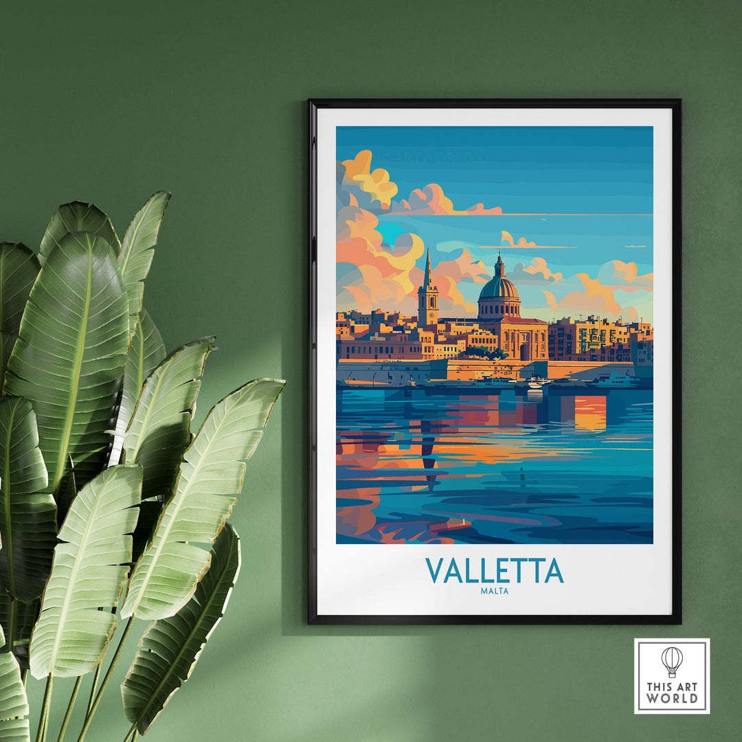 Valletta wall art poster featuring a vibrant depiction of Malta's skyline against a green wall with a plant nearby.