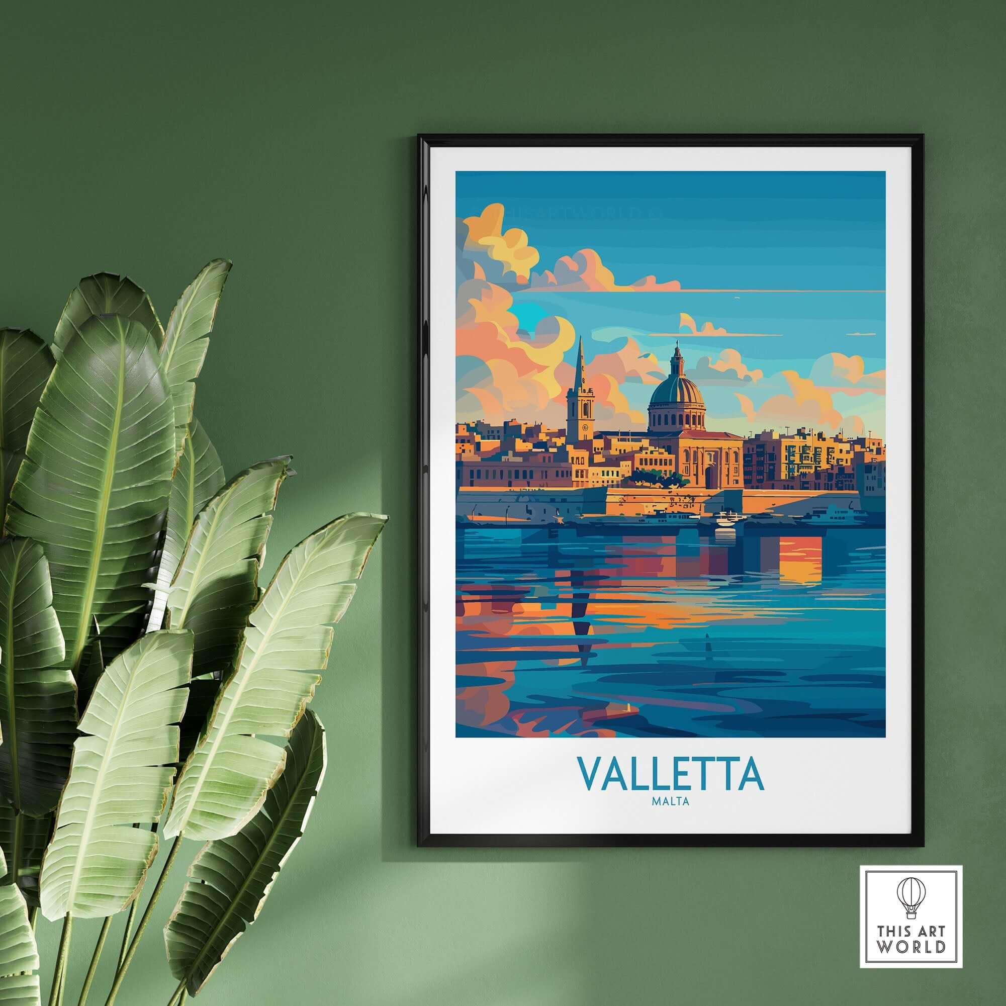 Valletta Wall Art Poster showcasing a colorful depiction of Maltese architecture with beautiful reflections.