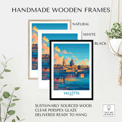 Valletta Wall Art Poster showcased in handmade wooden frames: natural, white, and black options, sustainably sourced wood.
