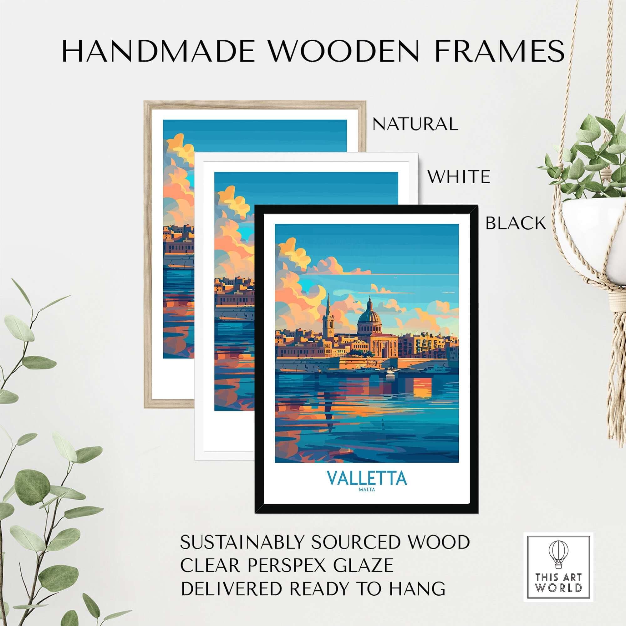 Valletta Wall Art Poster showcased in handmade wooden frames: natural, white, and black options, sustainably sourced wood.