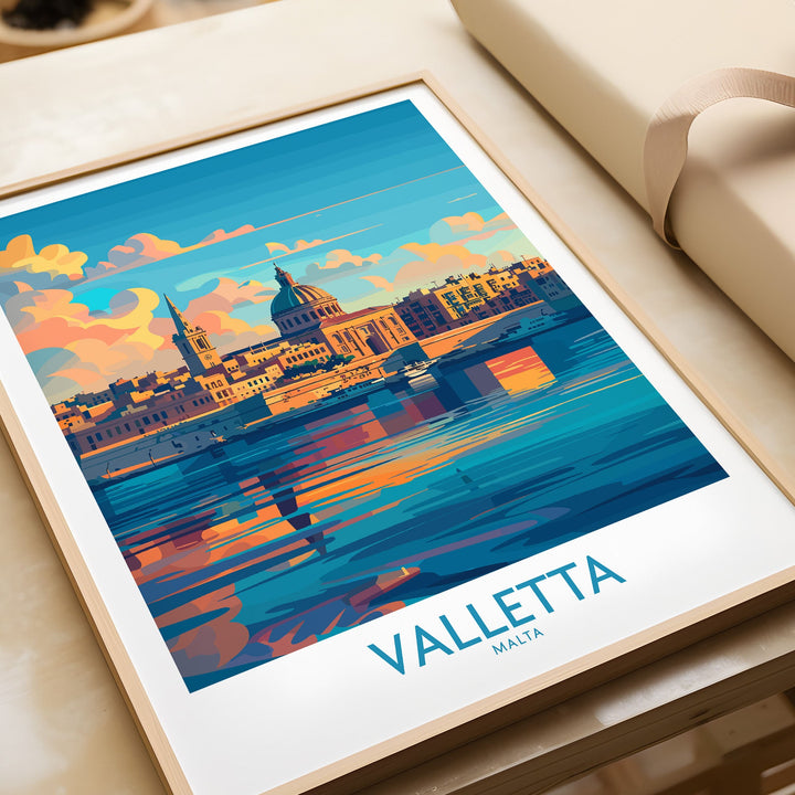 Valletta Wall Art Poster depicting vibrant Malta skyline, perfect for travel enthusiasts and art lovers.