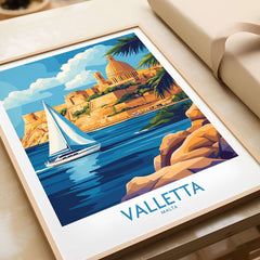 Valletta Wall Art showcasing a colorful seascape with a sailboat and the iconic Valletta skyline in Malta.