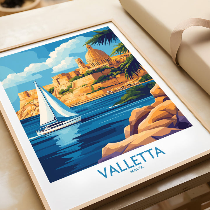 Valletta Wall Art poster featuring scenic view of Malta's coastline with sailboat, perfect for home or office decor.