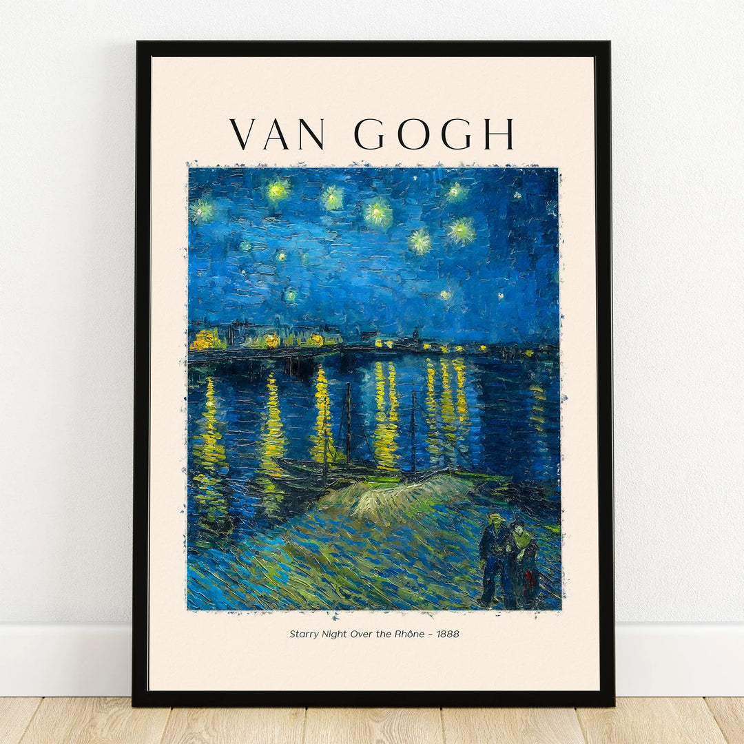 Framed Van Gogh Starry Night Over the Rhône art print with blue night sky and waterfront