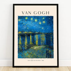 Framed Van Gogh Starry Night Over the Rhône art print with blue night sky and waterfront