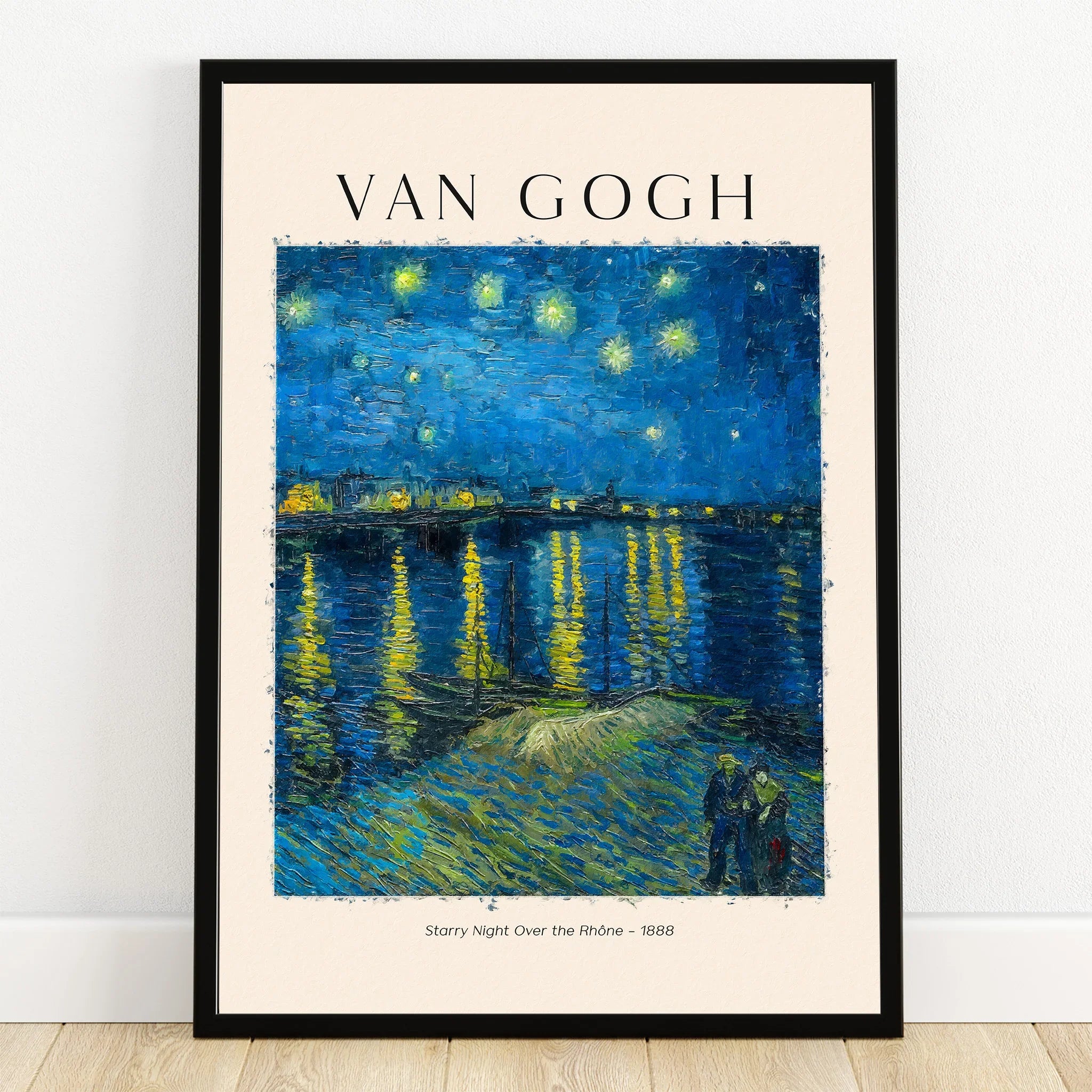 Framed Van Gogh Starry Night Over the Rhône art print with blue night sky and waterfront