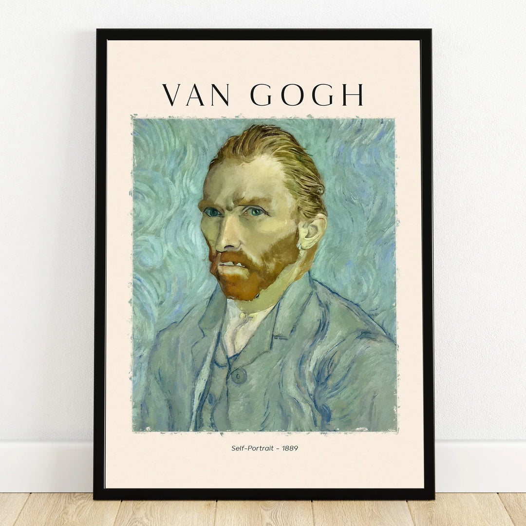 Framed Van Gogh self-portrait print with blue background, wall art decor