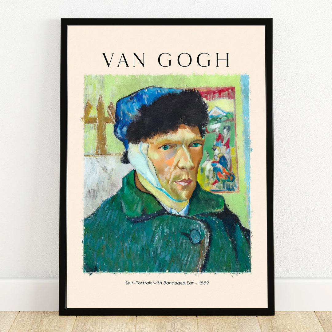 Van Gogh self-portrait wall art print in black frame, self-portrait with bandaged ear