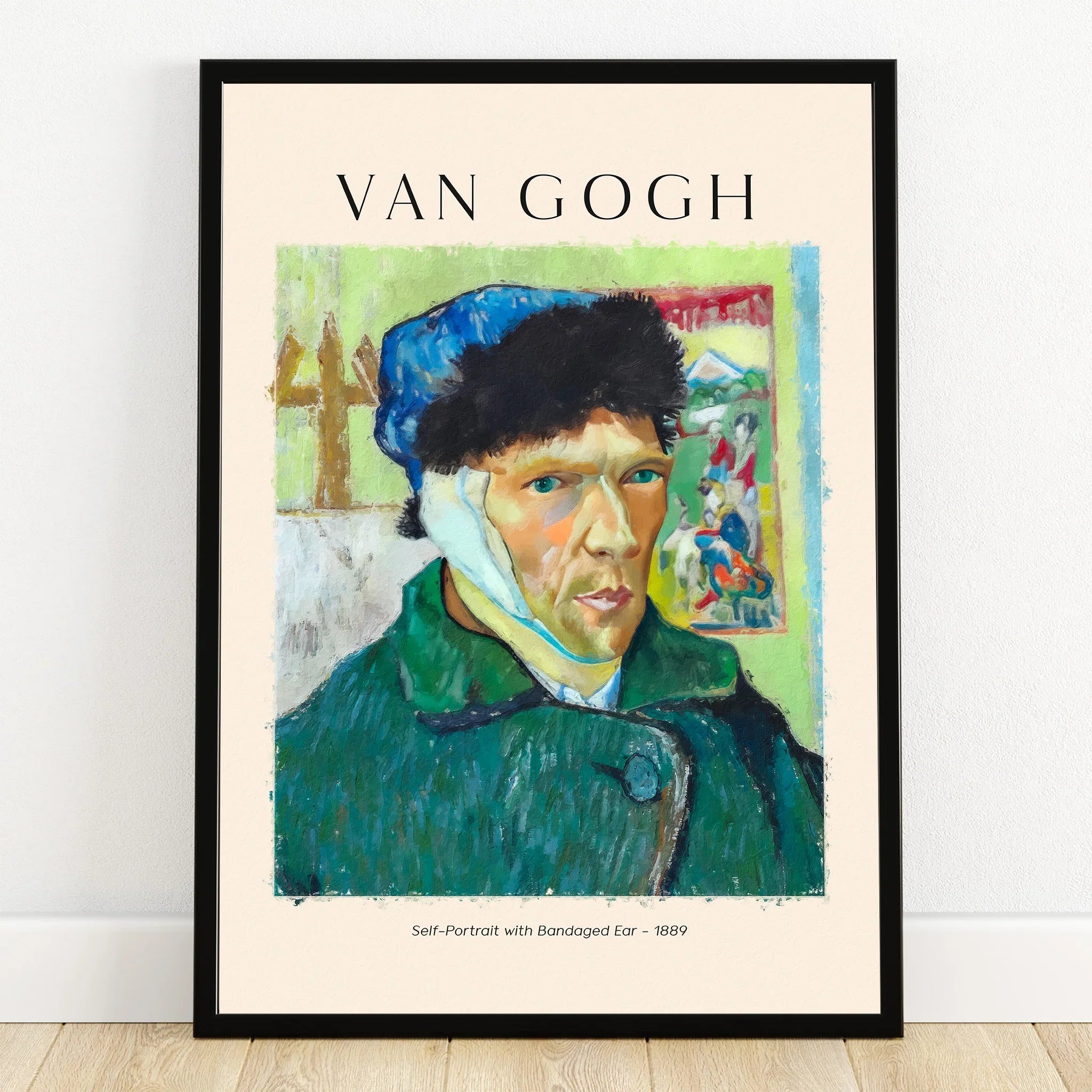 Van Gogh self-portrait wall art print in black frame, self-portrait with bandaged ear