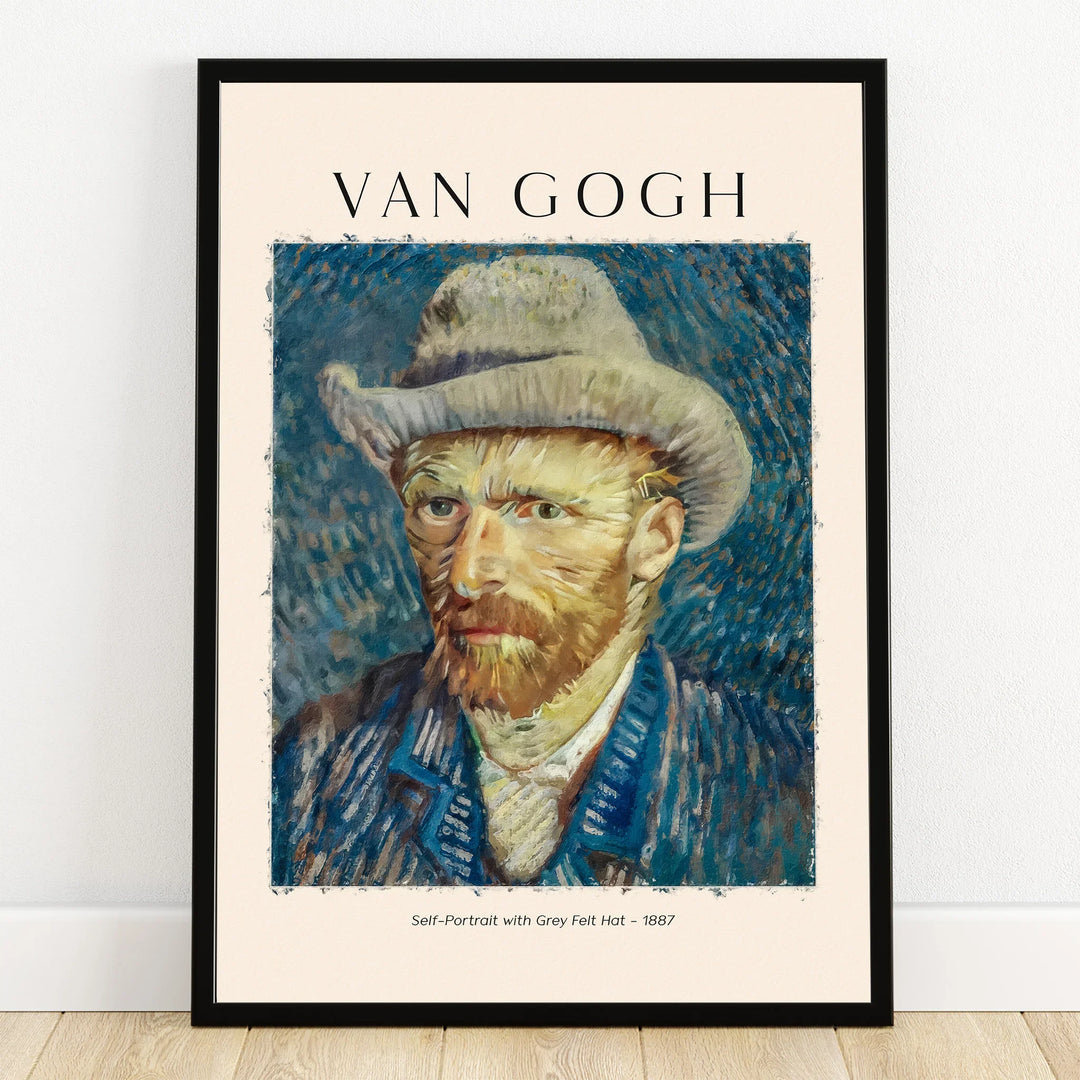 Framed Van Gogh self-portrait art print with grey felt hat, wall decor poster.