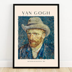Framed Van Gogh self-portrait art print with grey felt hat, wall decor poster.