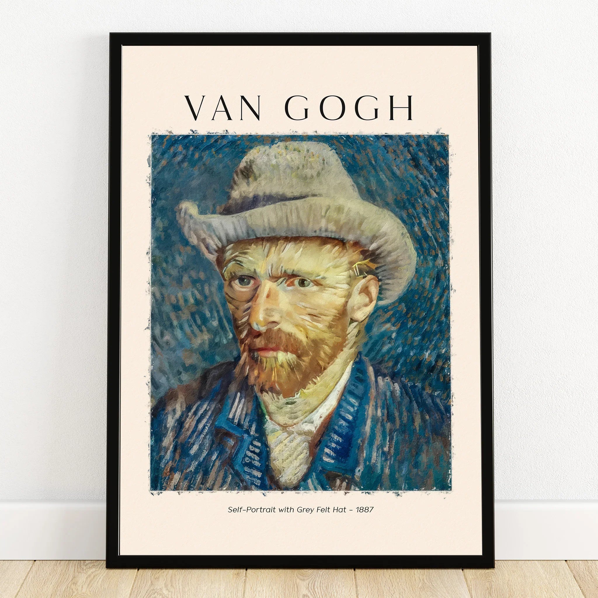 Framed Van Gogh self-portrait art print with grey felt hat, wall decor poster.