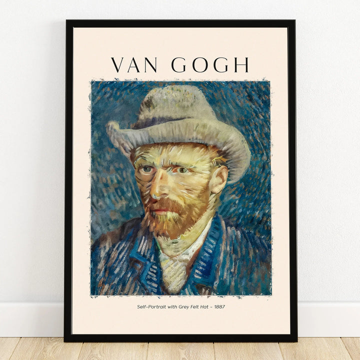 Framed Van Gogh self-portrait art print with grey felt hat, wall decor poster.