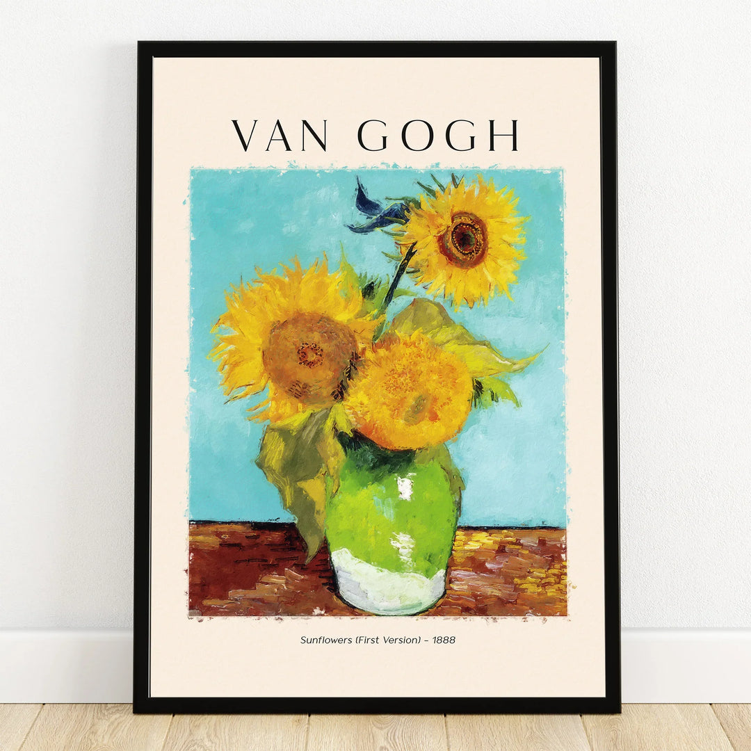 Framed Van Gogh Sunflowers print, vibrant yellow flowers in a green vase, wall art decor