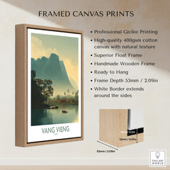 Vang Vieng Canvas Print | Misty Mountain Laos Poster displayed in a framed canvas print with a natural wood finish.