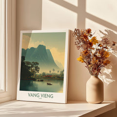 Vang Vieng Canvas Print | Misty Mountain Laos Poster featuring serene landscape with limestone mountains and tranquil water.