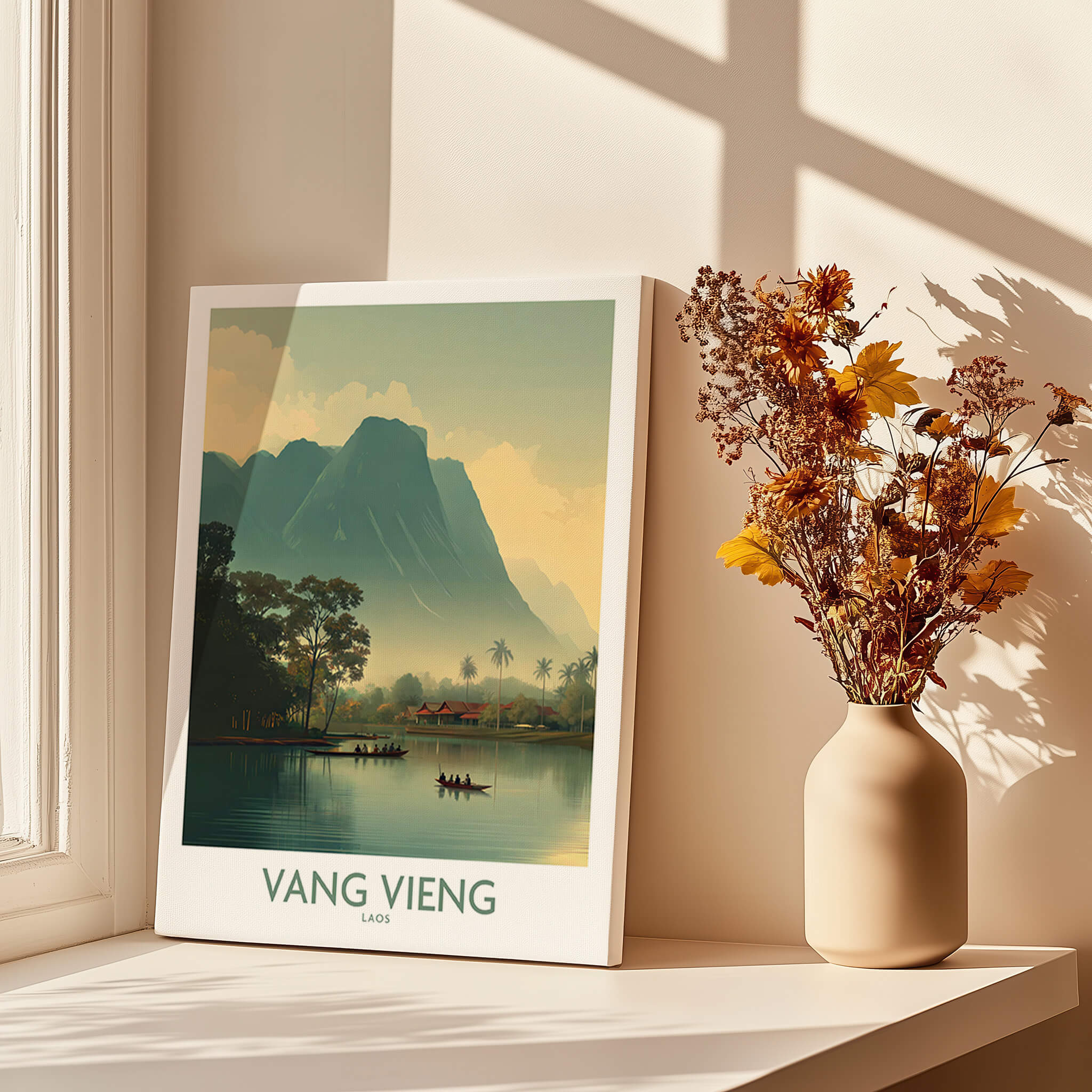 Vang Vieng Canvas Print | Misty Mountain Laos Poster featuring serene landscape with limestone mountains and tranquil water.
