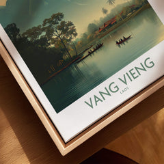 Vang Vieng Canvas Print | Misty Mountain Laos Poster featuring serene landscape with boats on a tranquil river.