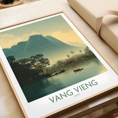Vang Vieng Canvas Print | Misty Mountain Laos Poster featuring serene landscape and layered mountains in a tranquil scene.