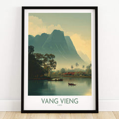 Vang Vieng Canvas Print | Misty Mountain Laos Poster showcasing serene limestone mountains reflecting on water.