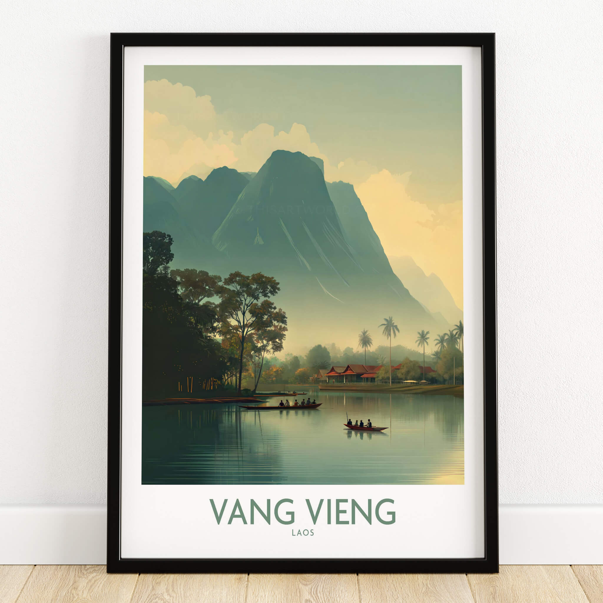Vang Vieng Canvas Print | Misty Mountain Laos Poster showcasing serene limestone mountains reflecting on water.