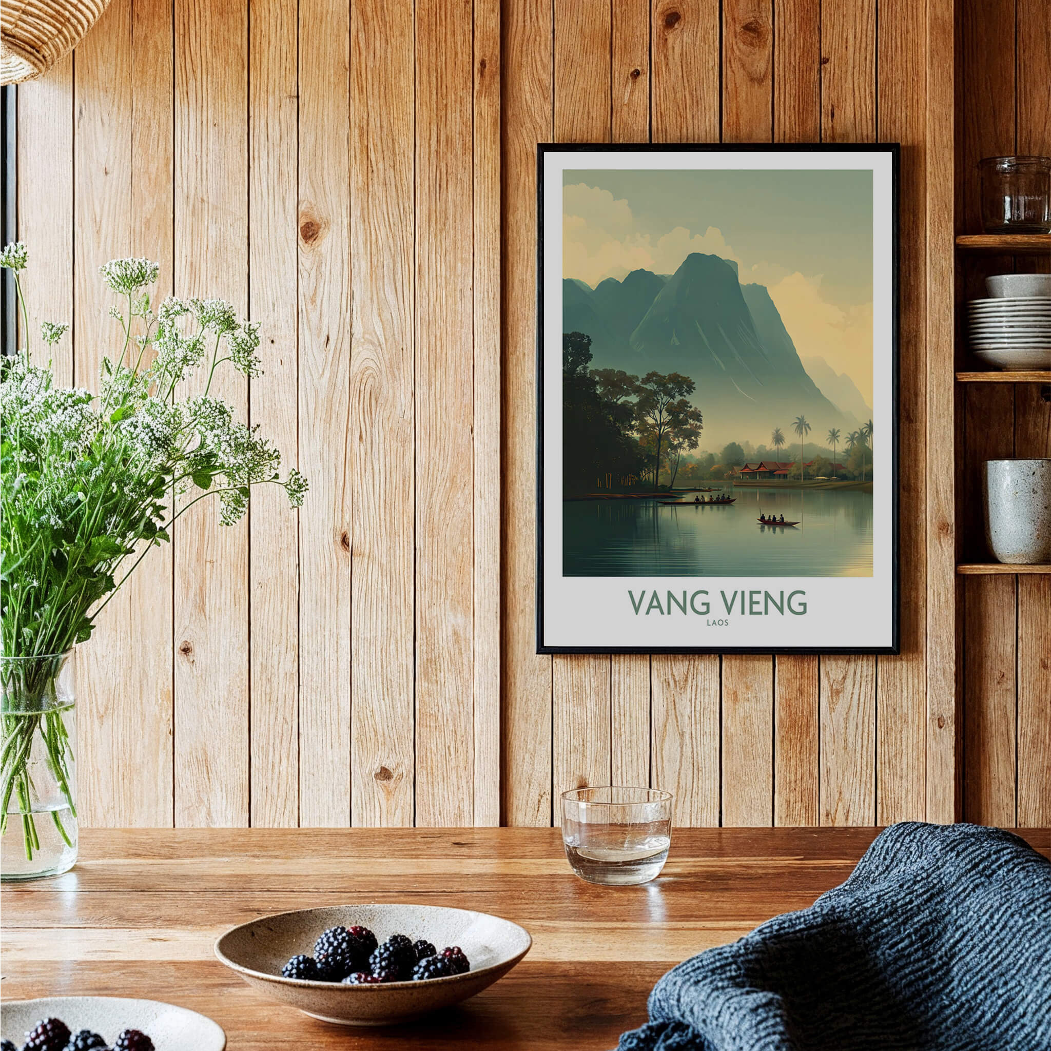 Vang Vieng Canvas Print | Misty Mountain Laos Poster featuring serene landscape with limestone mountains and morning mist.