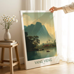 Vang Vieng Canvas Print | Misty Mountain Laos Poster featuring serene landscape and vibrant misty mountains.