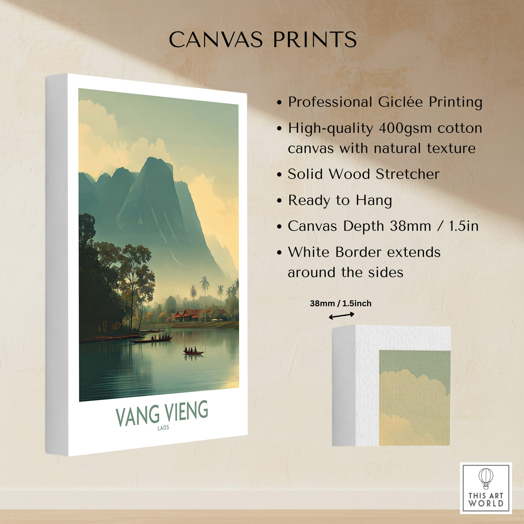 Vang Vieng Canvas Print | Misty Mountain Laos Poster showcasing high-quality printing and natural texture.