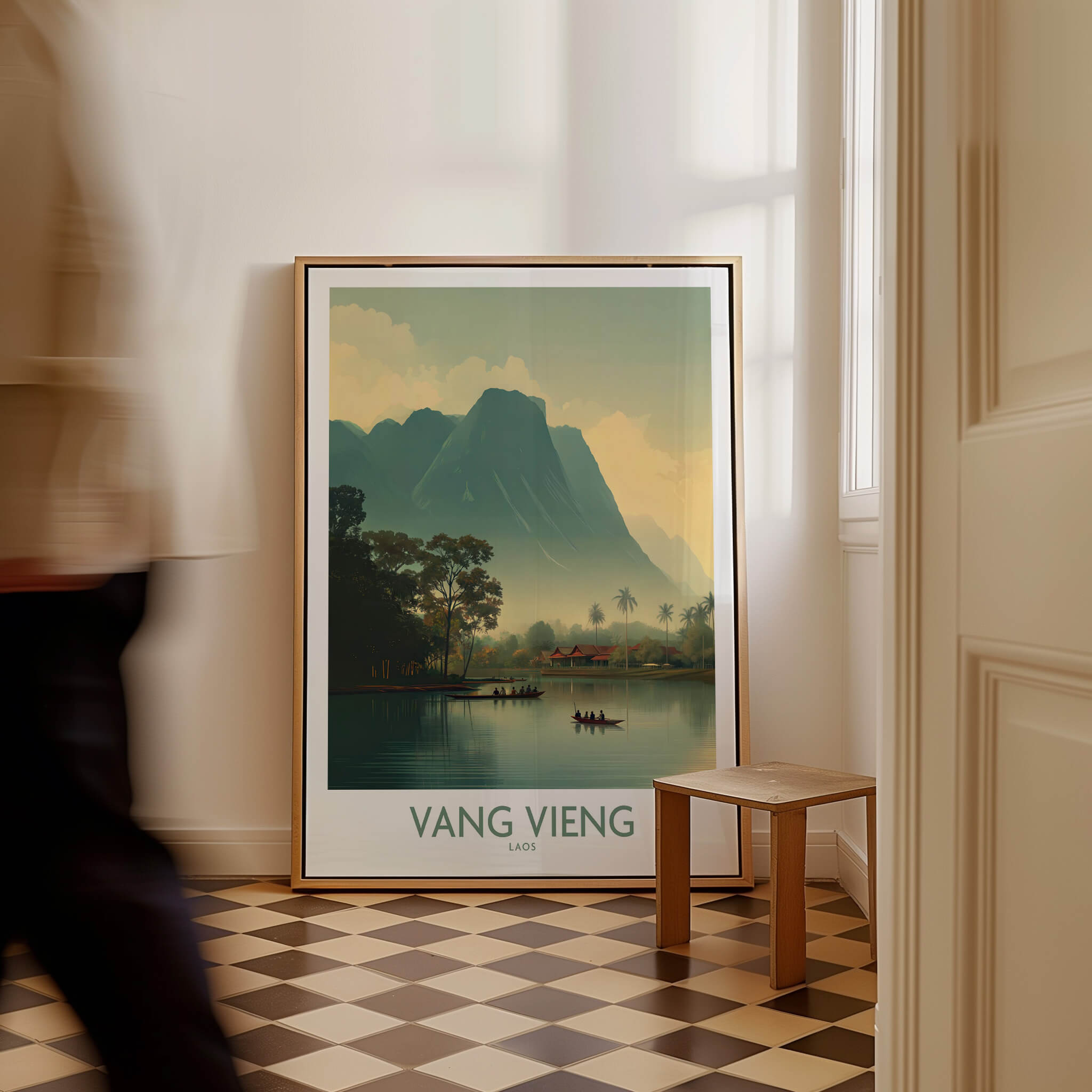 Vang Vieng Canvas Print | Misty Mountain Laos Poster displayed in a stylish interior with layered mountains and reflective water.