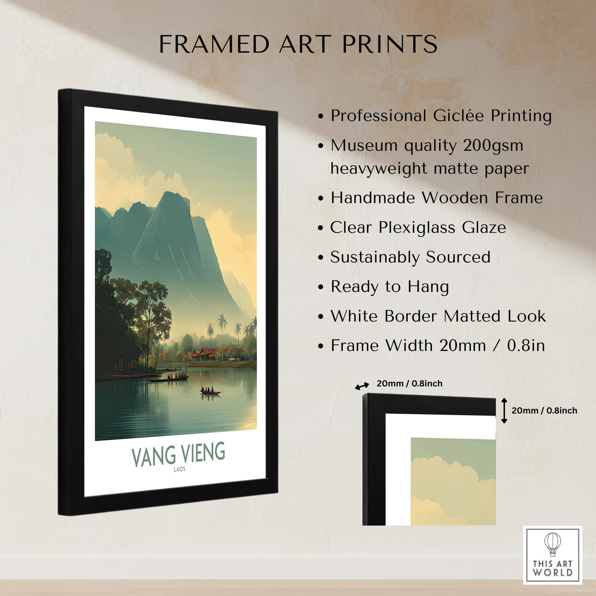 Vang Vieng Canvas Print | Misty Mountain Laos Poster displayed in a professional Giclée framed print with clear Plexiglass.