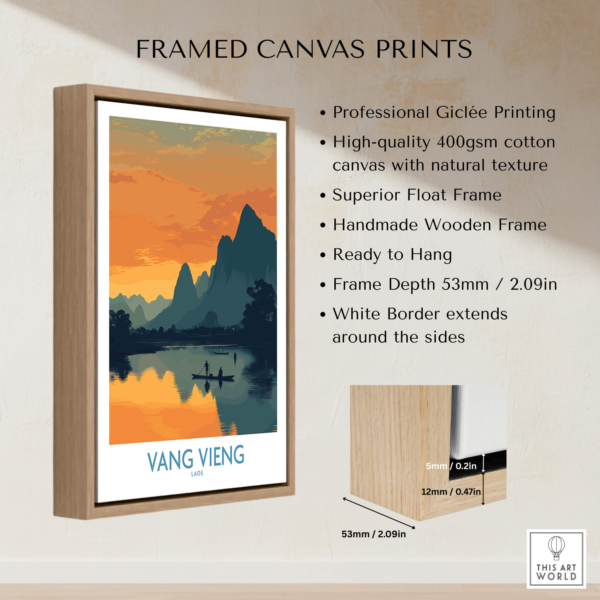 Vang Vieng Laos Canvas Print | Limestone Karst Mountain Landscape Poster displayed in a framed canvas print.